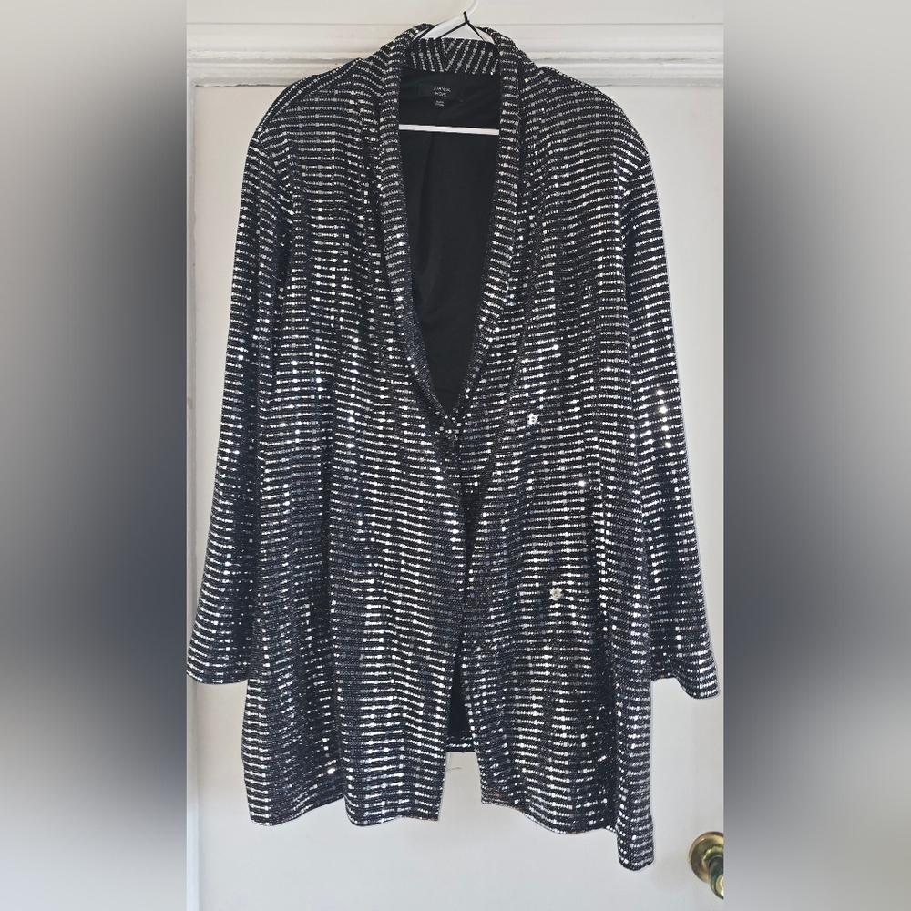Sequin Open-Front Blazer Jacket - Black/Silver